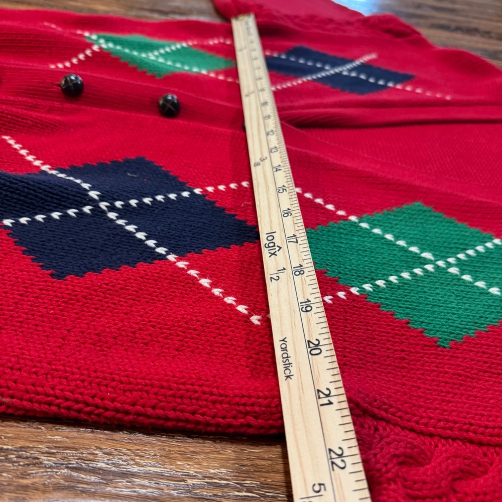 Vintage GAP Men Red Argyle Cotton Cardigan Sweater Medium V-Neck 90s Preppy FLAW - Picture 5 of 6